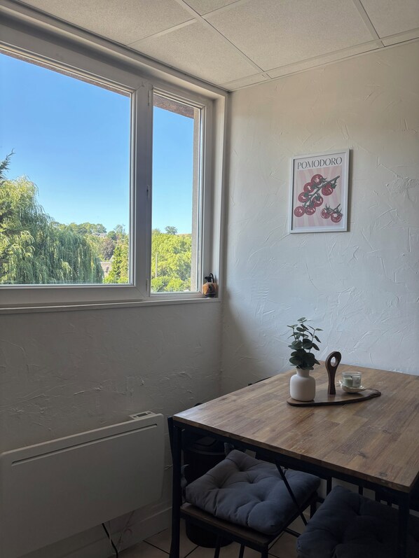 A room with a wooden table, a window with a view of greenery, a radiator, and a framed picture on the wall.