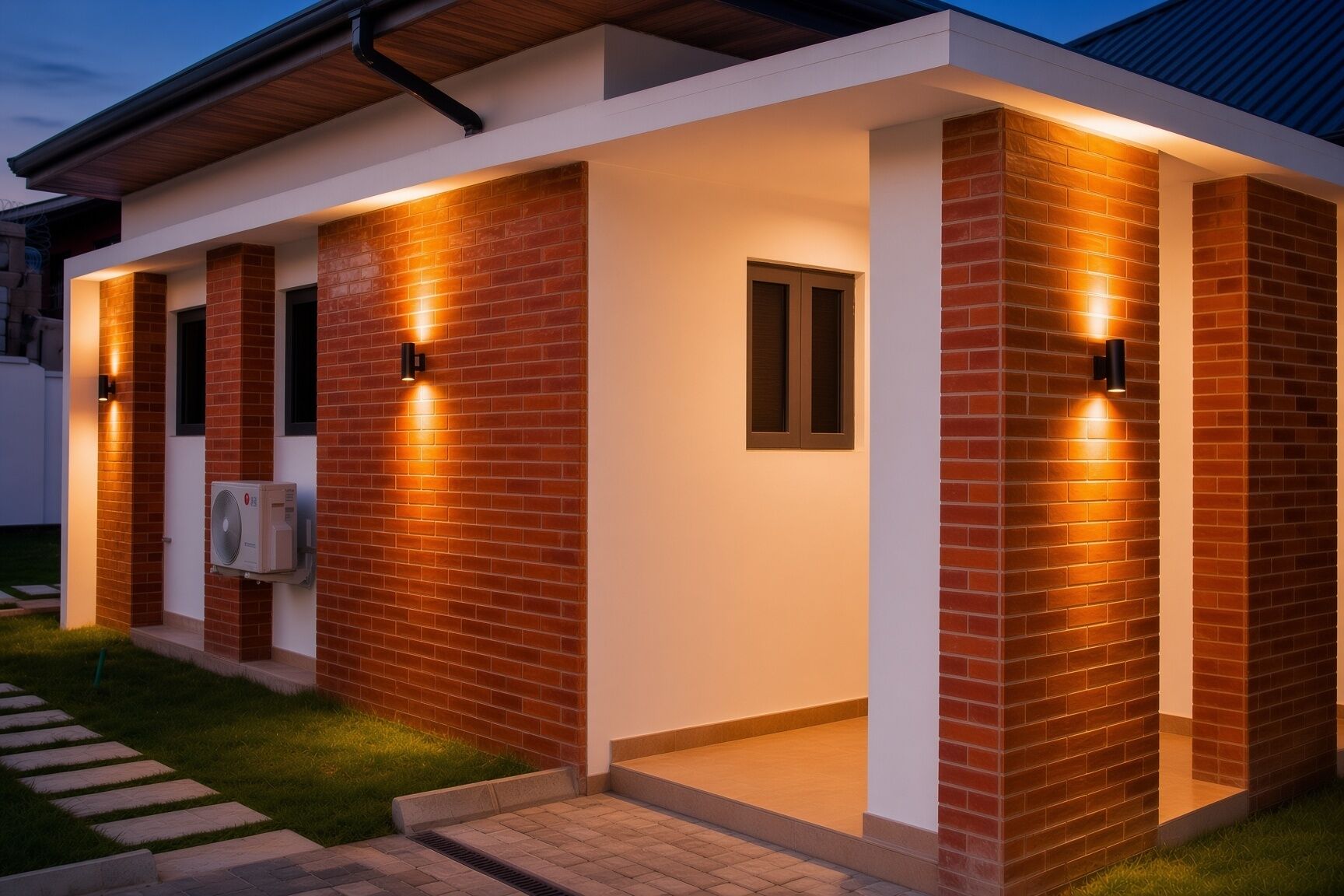 Un edificio moderno con paredes de ladrillo, iluminación exterior y una unidad de aire acondicionado visible.