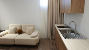 Una cocina moderna con un lavaplatos empotrado y un armario de madera encima.