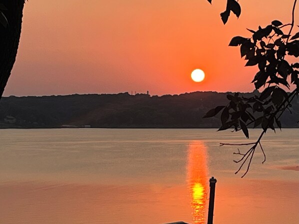 A sunset over a calm body of water with a silhouette of a distant landmass and a single tree branch in the foreground. - Lakefront Cabin with Dock - Sunsets Included (Hulbert)