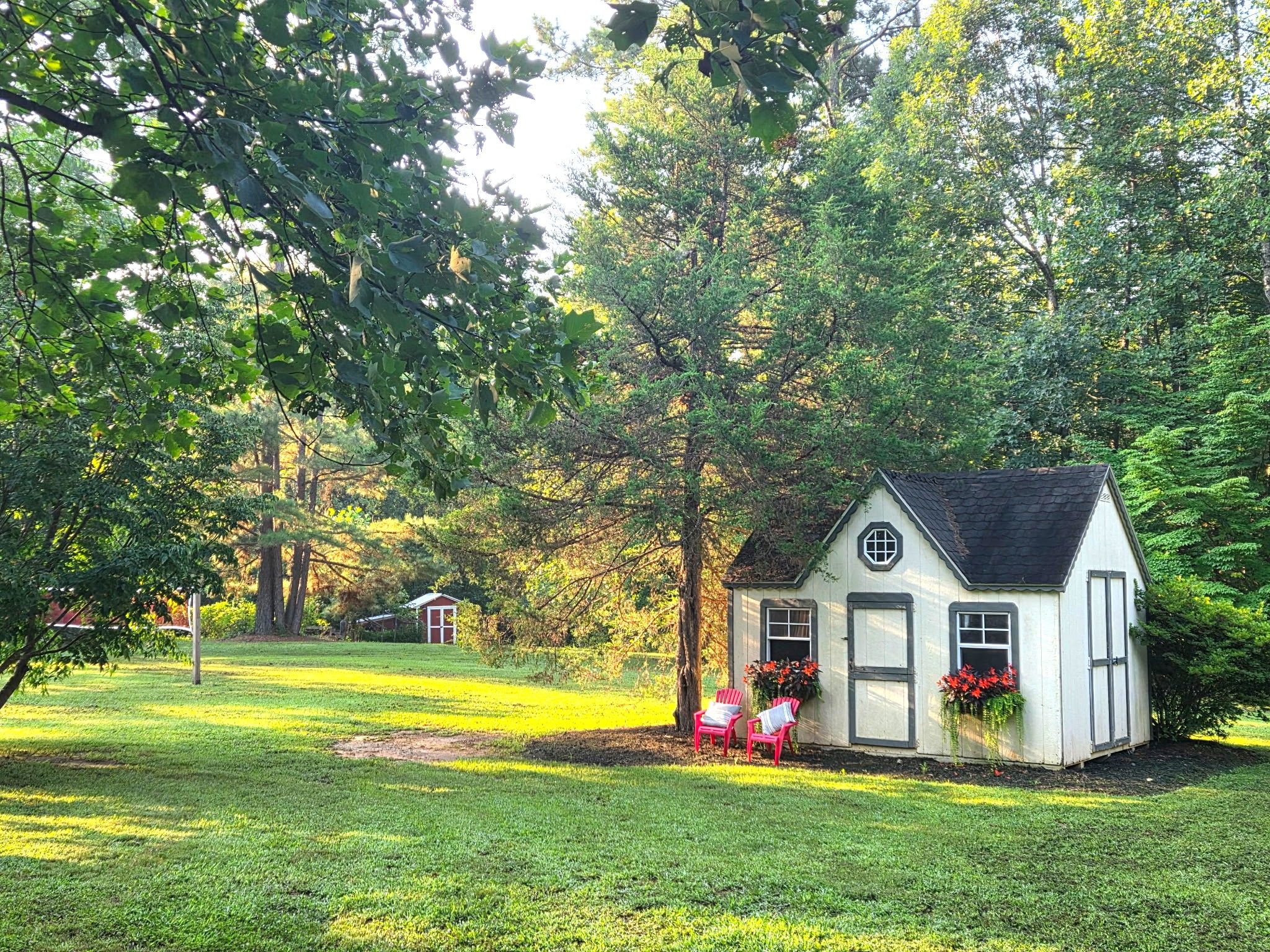 Une petite maison blanche avec un toit noir, entour ée d’arbres et d’herbe d’un vert luxuriant.