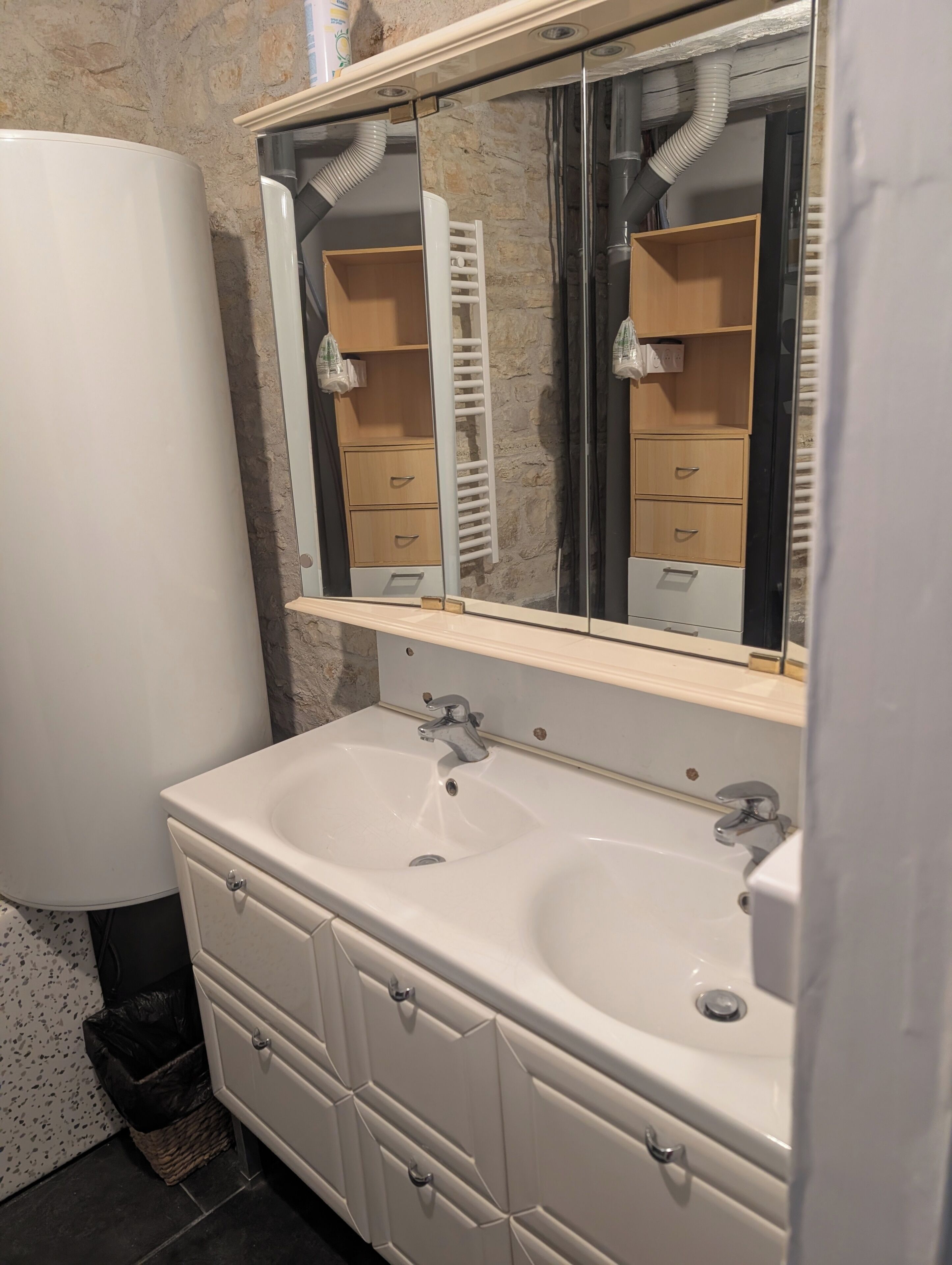 A bathroom with a double sink, a mirror, a towel rack, and a trash bin.