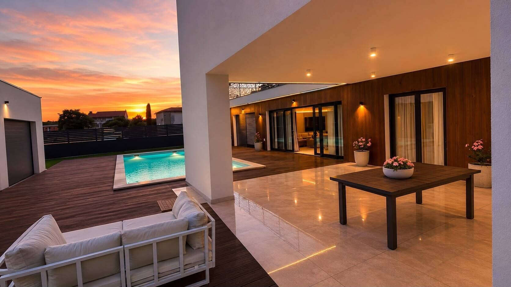 Un espacio exterior moderno con piscina, mesa de comedor y zona de estar.