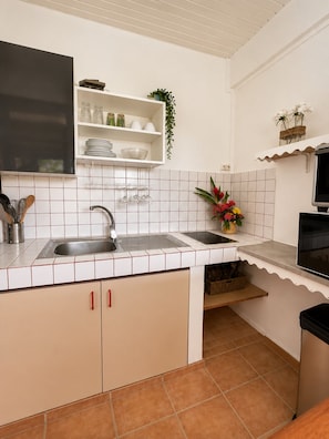 Eine Küche mit weiß gefliesten Wänden, einem Doppelwaschbecken und einer Arbeitsplatte mit Pflanze und Blumenvase.