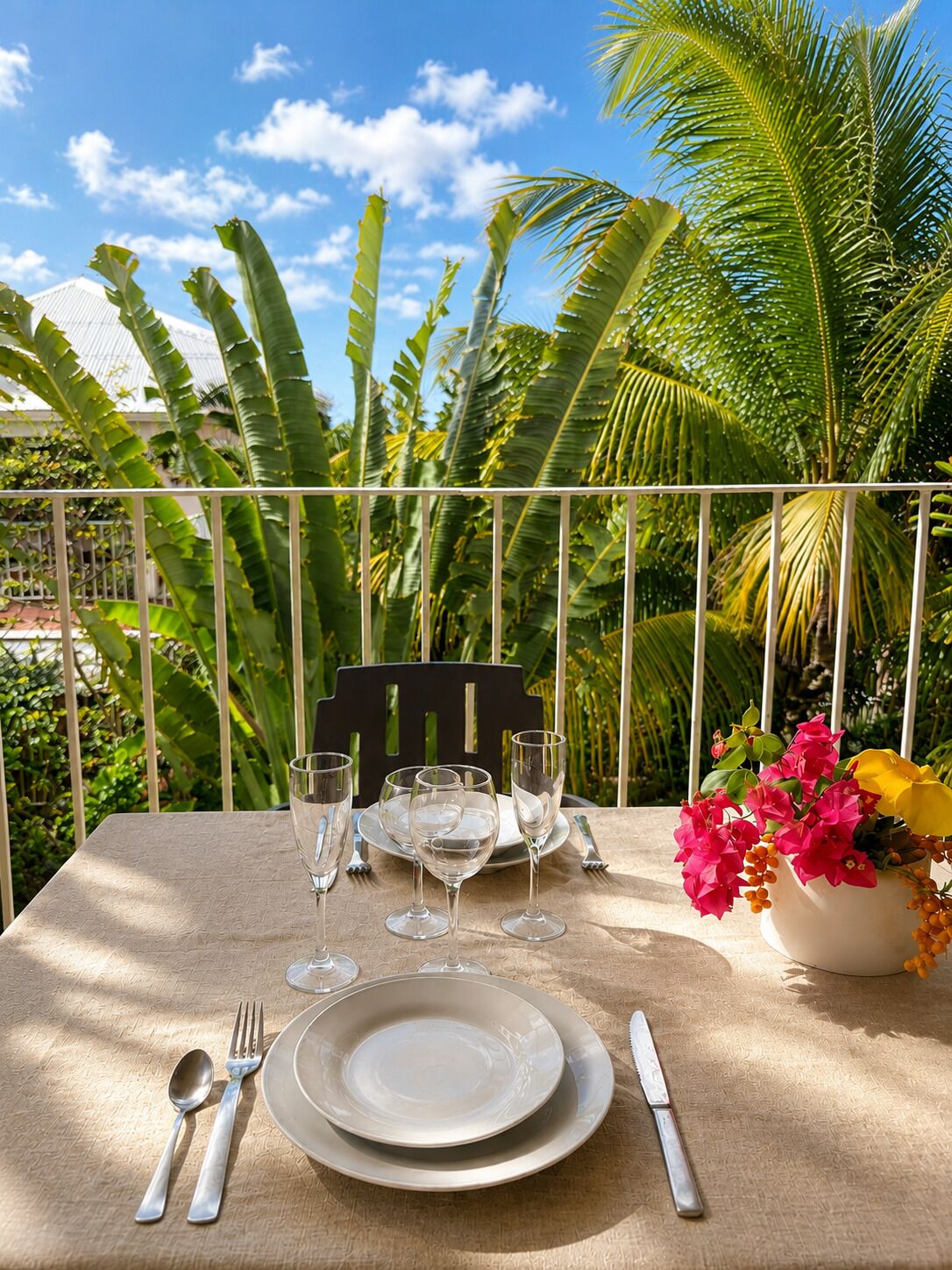 Une table dressée à l’extérieur, offrant une vue sur la végétation tropicale et un ciel dégagé.
