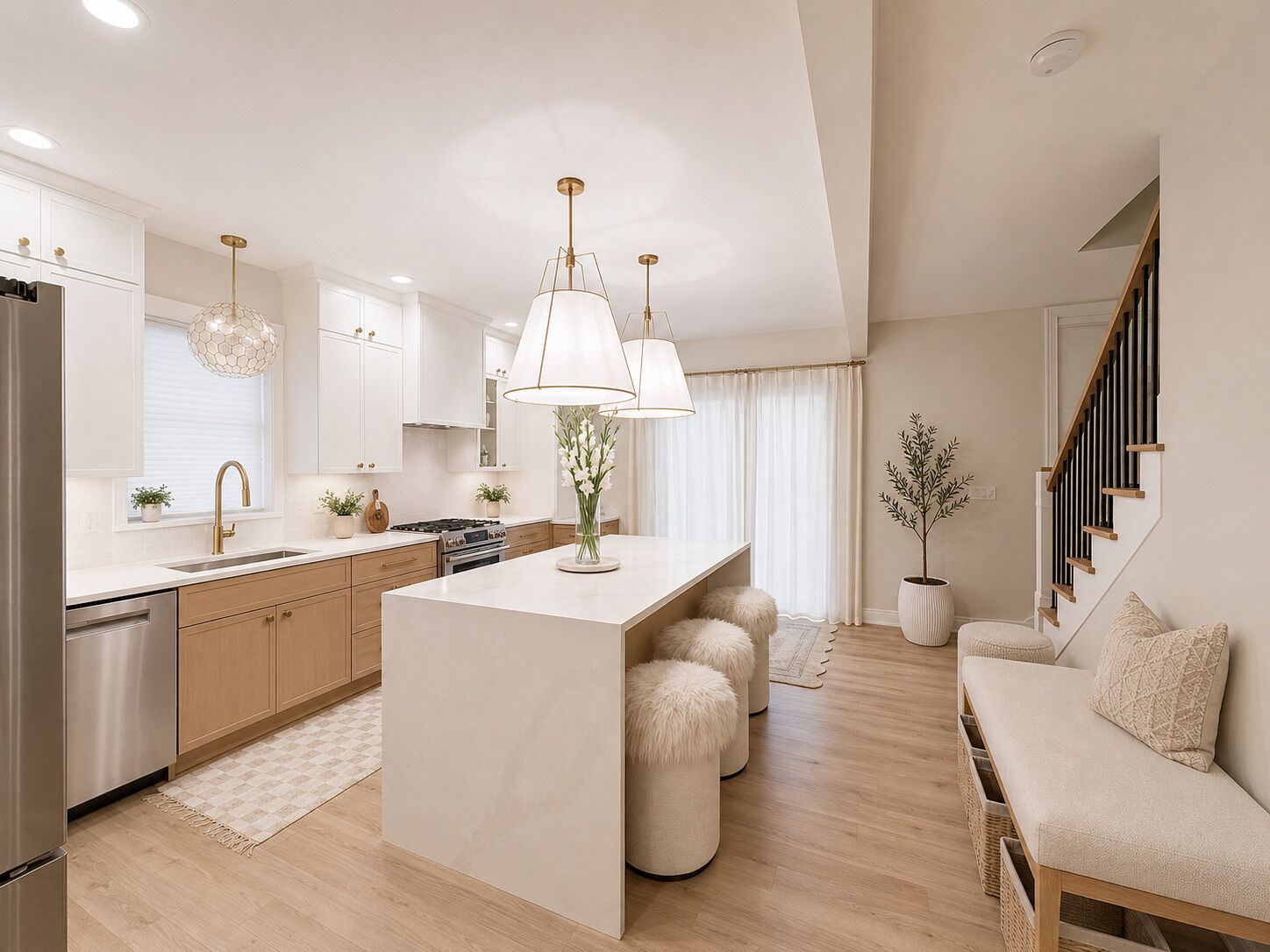 A modern kitchen with a central island, stainless steel appliances, and pendant lighting.