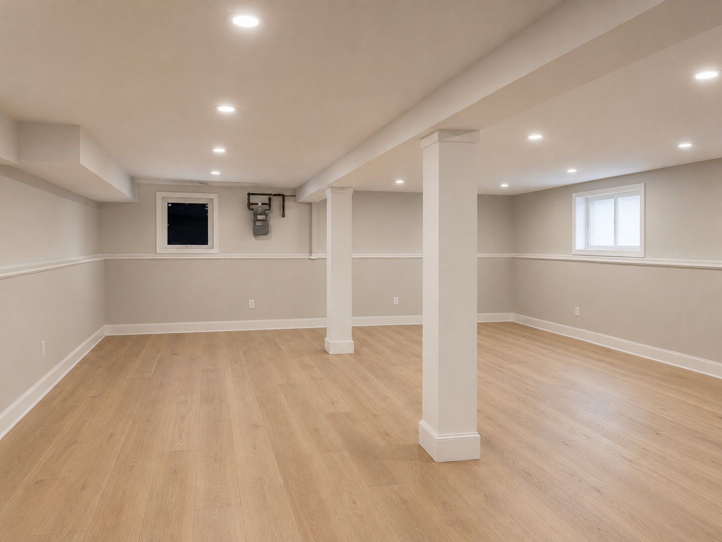 A spacious room with wooden flooring, white walls, and a window.