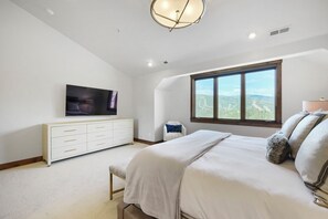 Un dormitorio con cama, televisor montado en una cómoda, ventana con vista y lámpara de techo.