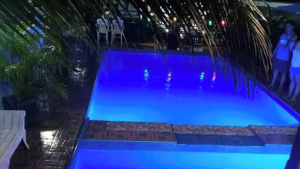 A swimming pool with a blue-lit interior, surrounded by palm trees and a brick pathway. - Room-luxurious Villa Rental in Umingan w (Umingan)