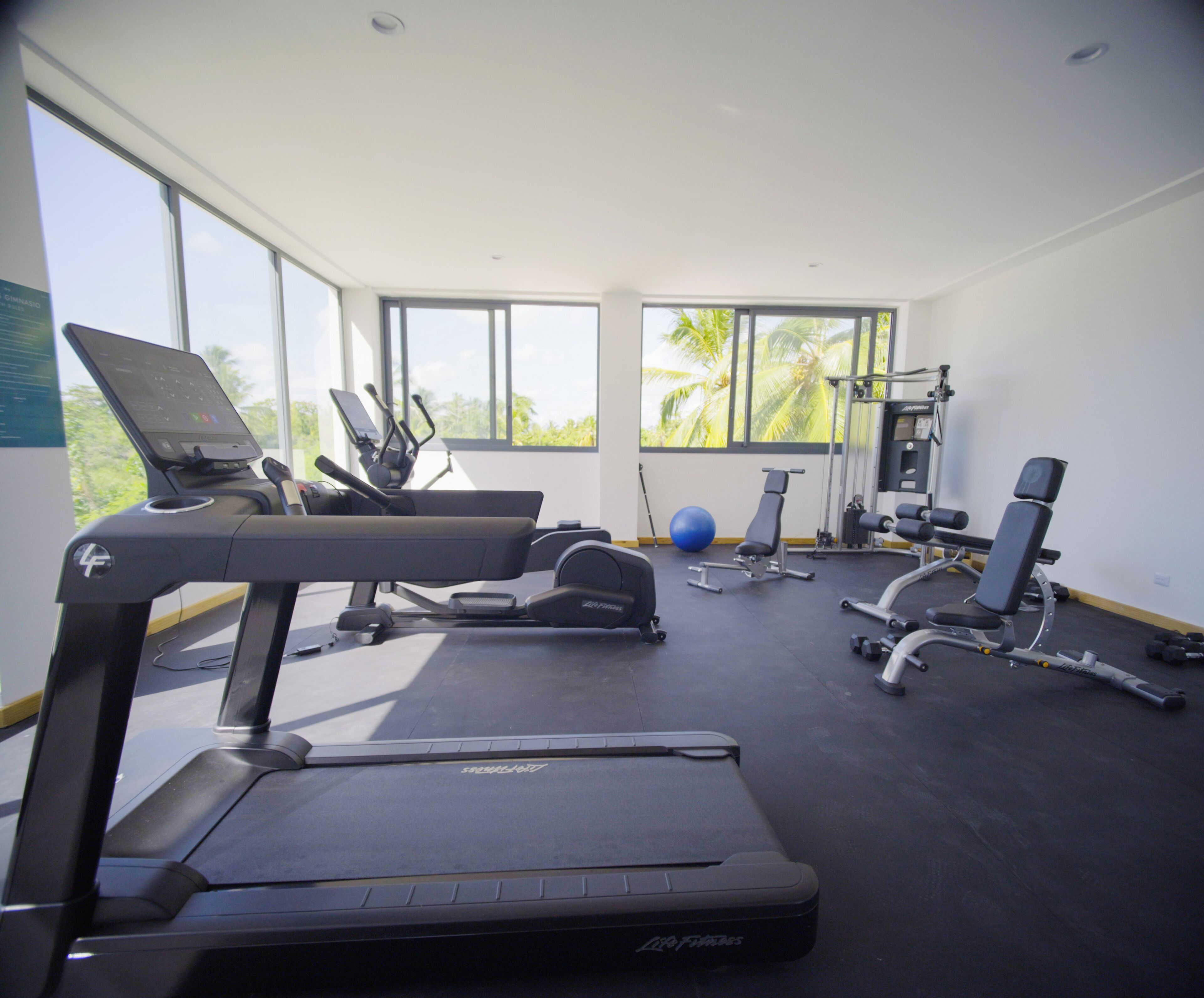 A gym with treadmills, exercise balls, and weight machines.