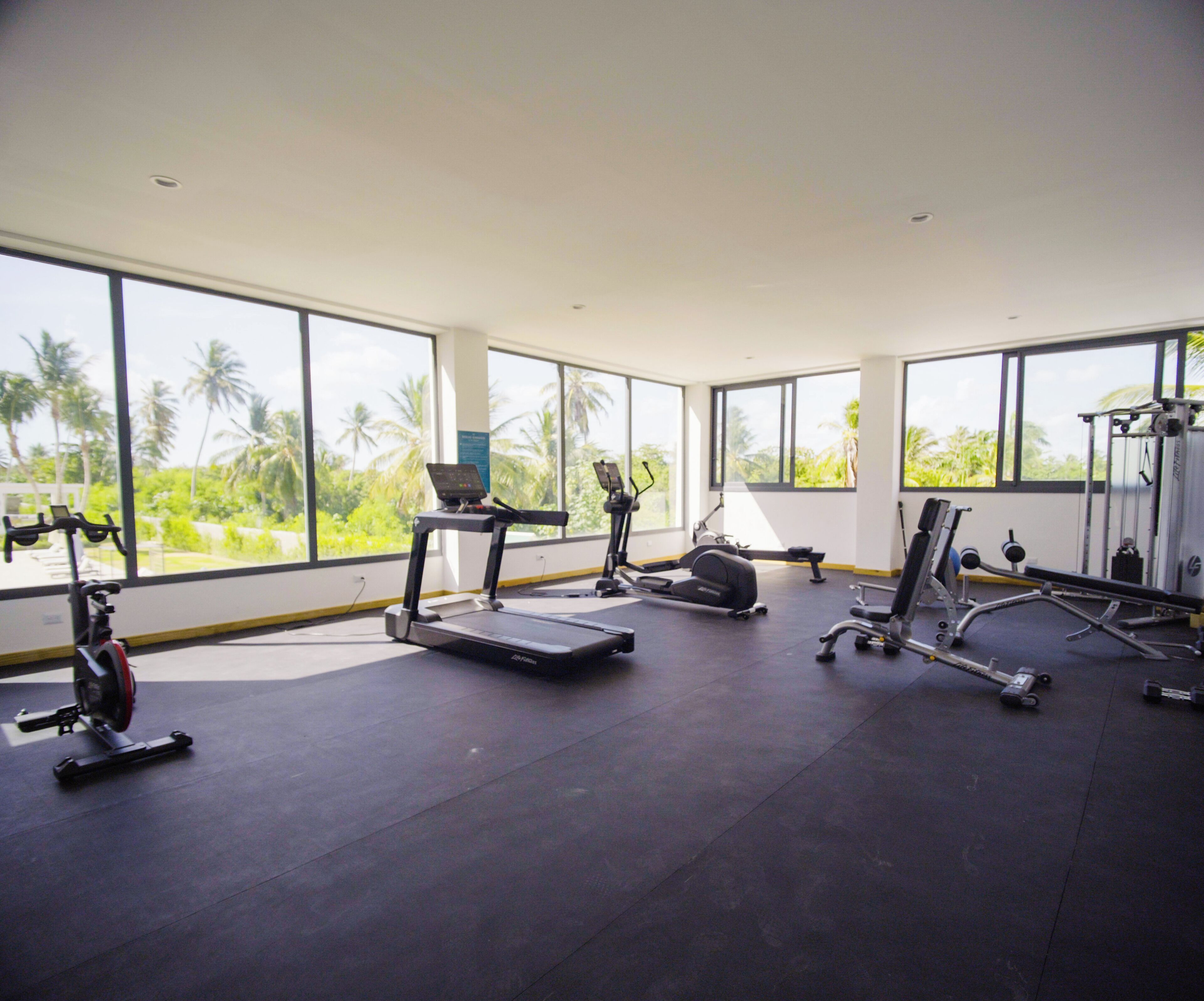 A gym with various exercise equipment, large windows, and a view of palm trees.