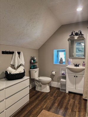 A bathroom with a white toilet, a white sink, a mirror, and a window with a view of the outside. - Celtic harbor house three minute walk from harbor (Ashtabula)