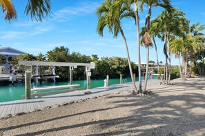 Ein Anwesen am Wasserufer mit Pool, Palmen und überdachter Terrasse.
