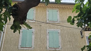 A building facade with green shutters, a visible number '6' on the door, and potted plants at the base. - Charming home in the heart of the Corbières region – Patio, courtyard. (Fabrezan)