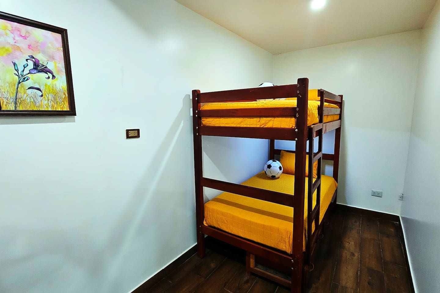 Uma cama beliche com uma bola de futebol, um quadro na parede e uma tomada.