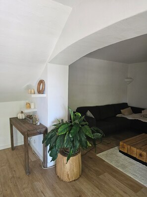 A living room with a wooden coffee table, a potted plant, a wooden side table, and a black sofa. - A Provençal stone farmhouse dating from 1870, with a terrace and a pool. (Mougins)
