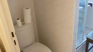 Een badkamer met een toilet, toiletpapier en een douchecabine met glazen wanden.