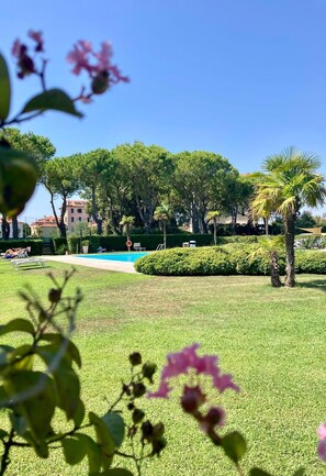 A pool area with a clear blue sky, surrounded by well-maintained grass and trees. - The Oleander (Venezia)