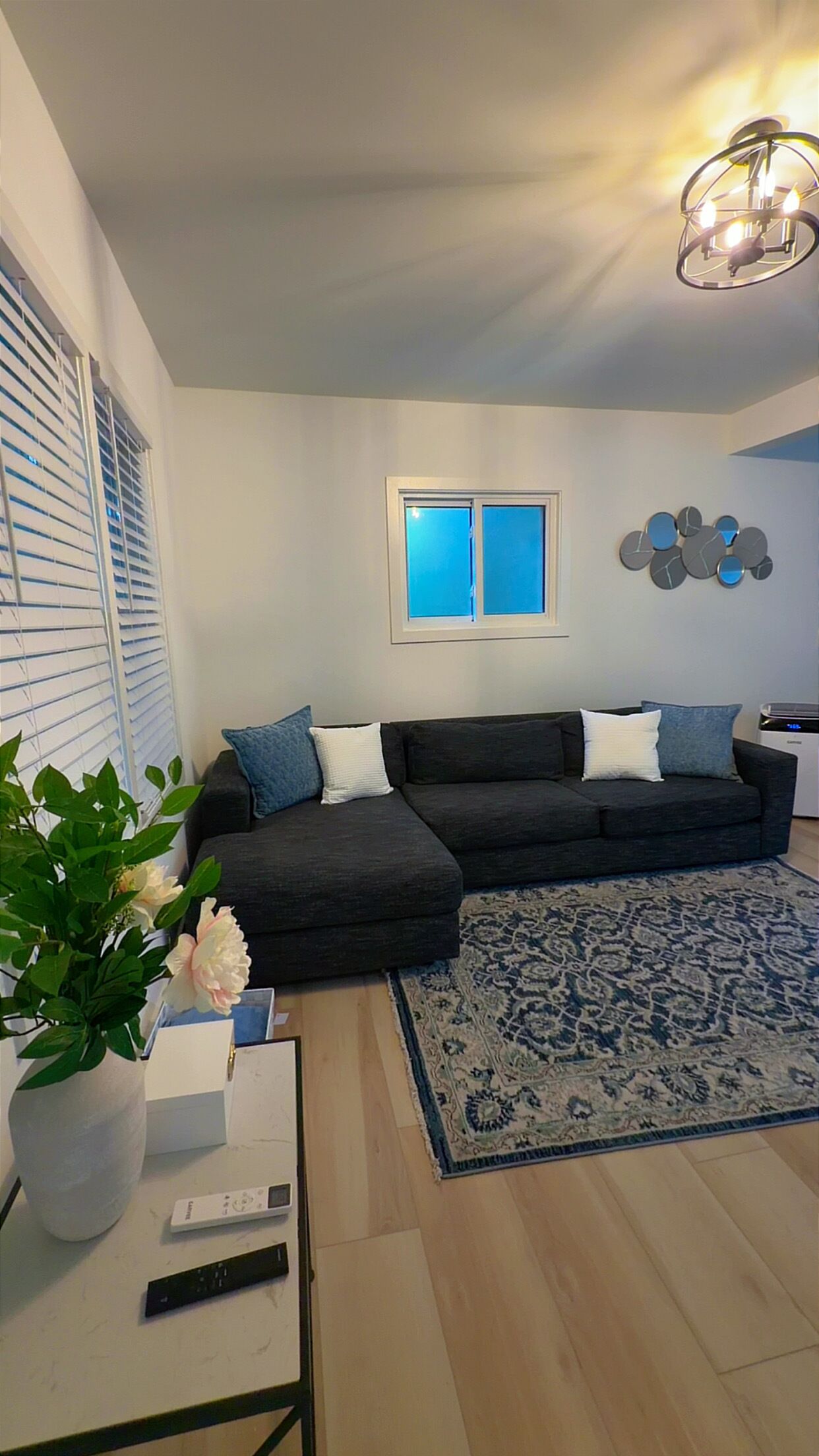 A modern living room with a sectional sofa, a patterned rug, a potted plant, and a wall-mounted light fixture.