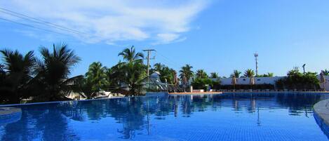 A clear blue swimming pool surrounded by palm trees and a white building with a flat roof.