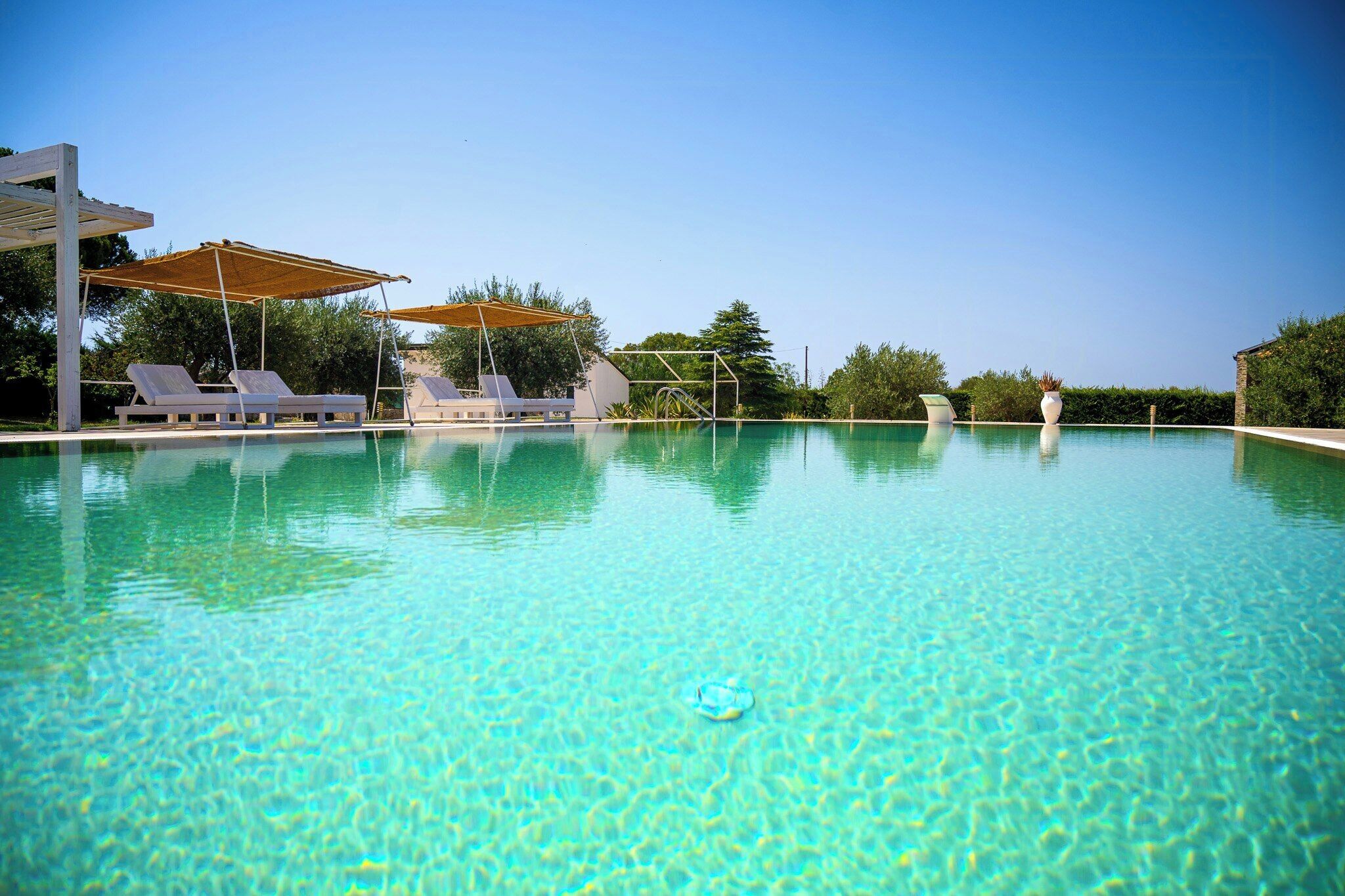 A clear swimming pool with lounge chairs and umbrellas, surrounded by greenery.