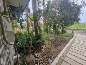 A landscaped garden with a variety of plants and trees, a pathway, and a building with a white exterior.