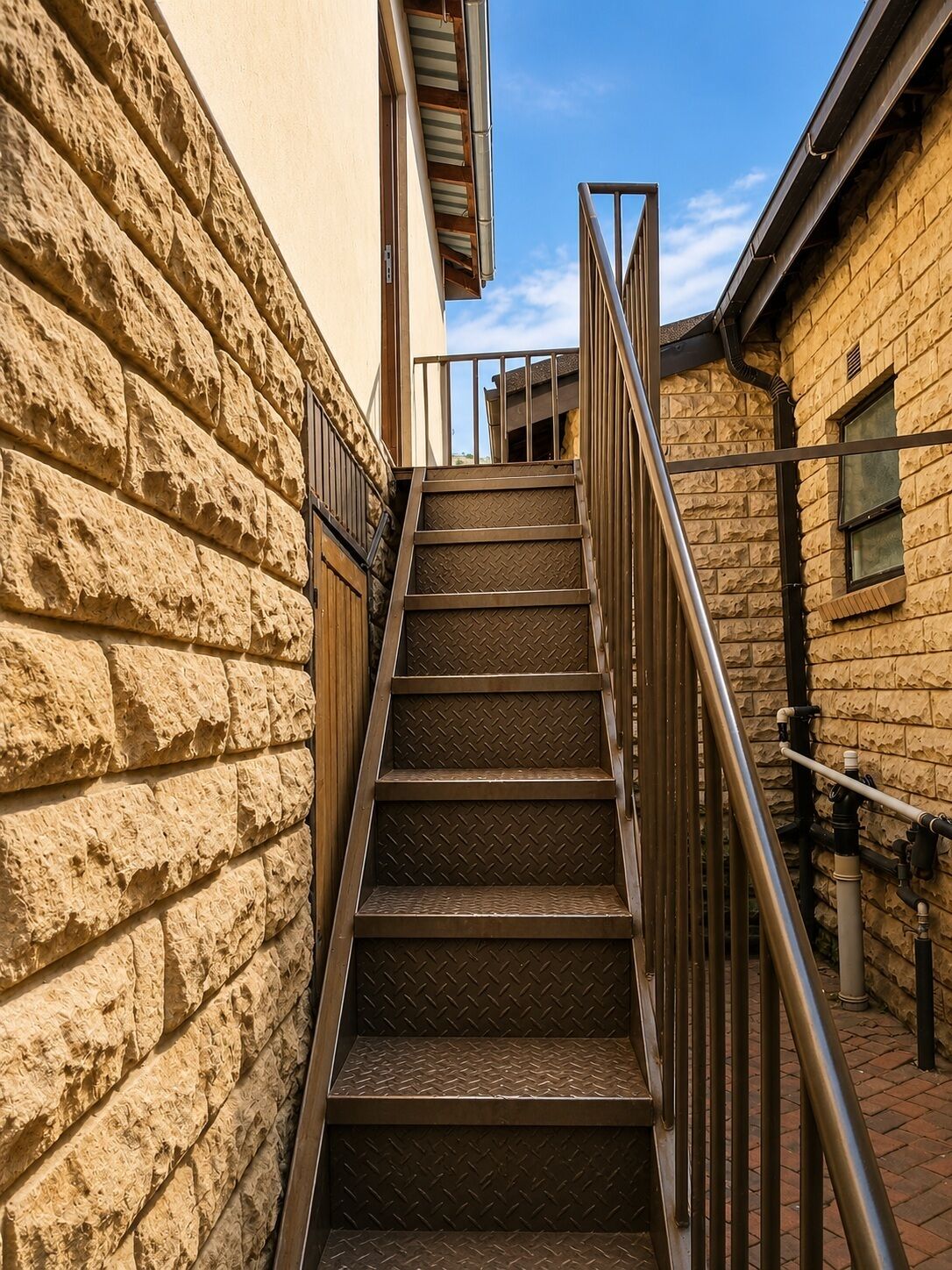 A metal staircase with a handrail leading to a building entrance.