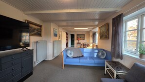 A cozy living room with a blue sofa, a television, a radiator, and a window with curtains. - Historical Bullfinch Cottage - Amazing Day Trips! Minutes from Beach! (Tim Kirkeby)