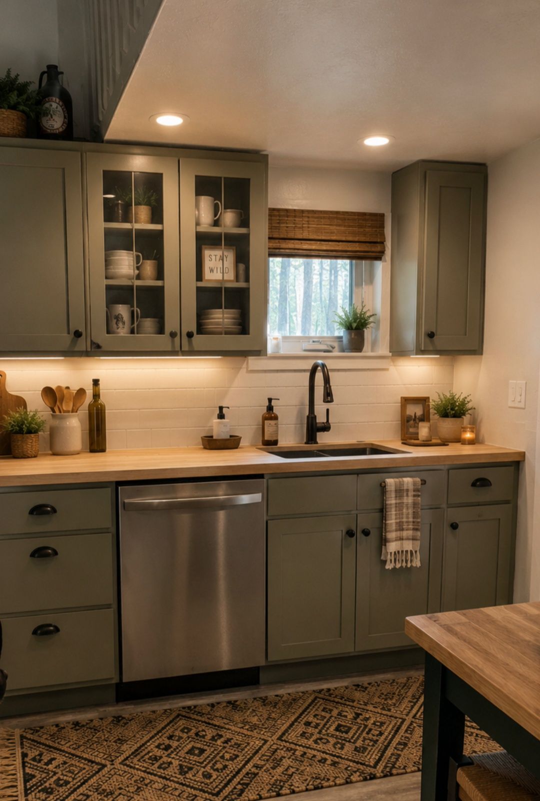A kitchen with a stainless steel dishwasher, a sink, and a window with a view of trees.