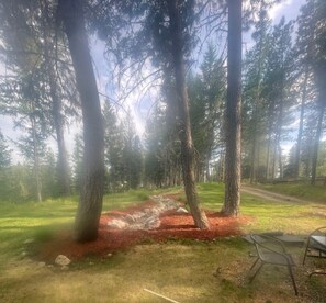 A forested area with a dirt path, a picnic table, and chairs.