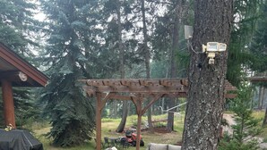 Ett takförsett utomhusområde med sittplatser, en pergola, en grill och ett bord med stolar.