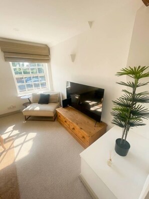 A modern living room with a sofa, a flat-screen TV, a wooden coffee table, and a potted plant. - Cosy & spacious 3BR by Warwick castle (Warwickshire)
