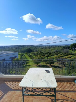 Ein Balkon mit Tisch und Blick auf eine grüne Landschaft sowie entfernte Gebäude.