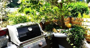 A barbecue grill with a digital display, surrounded by lush greenery and a wooden fence.