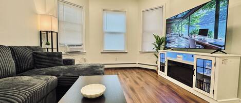 A living room with a sofa, a coffee table, a fireplace, and a television.