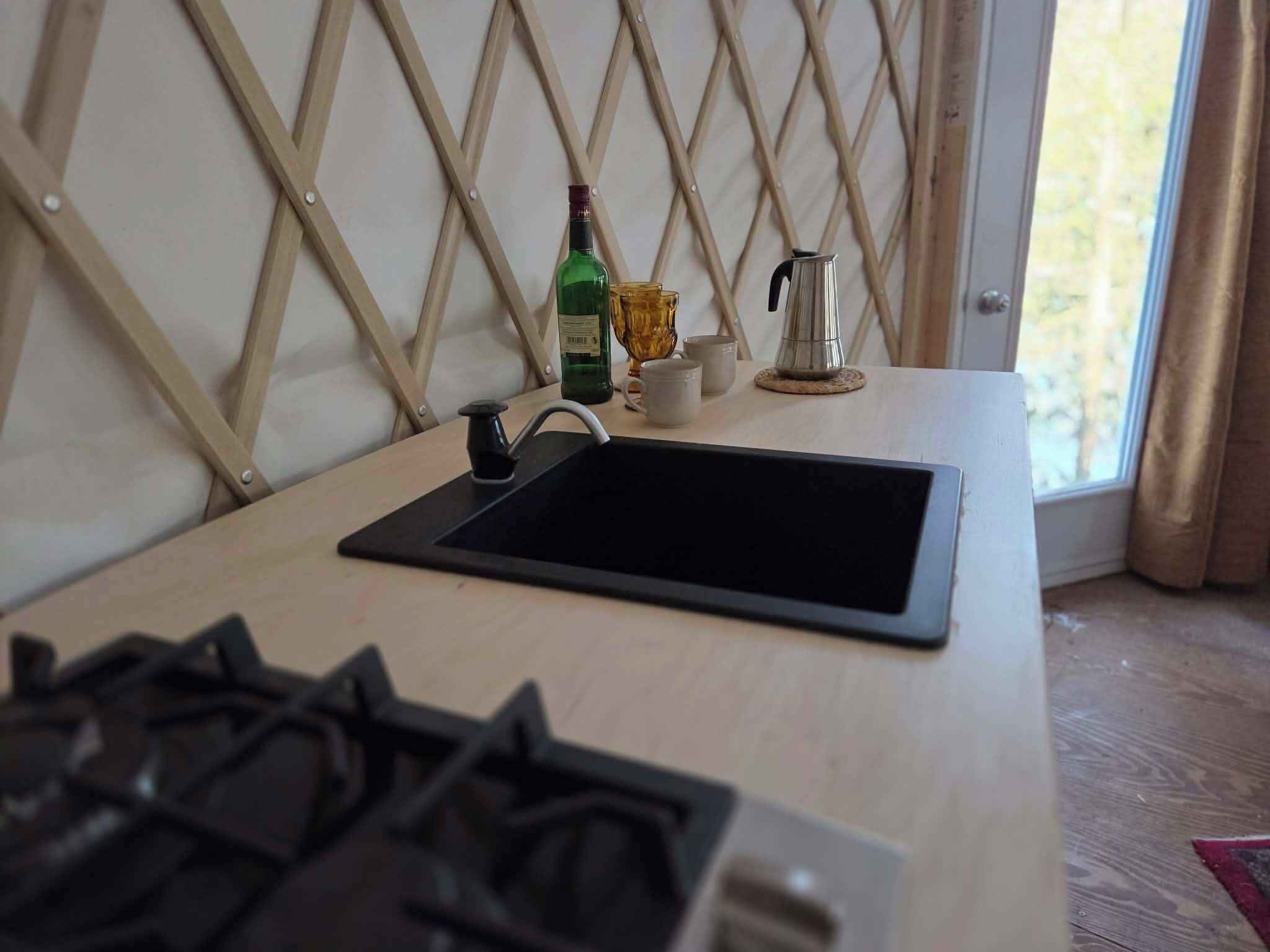 Un coin cuisine équipé d’une cuisinière à gaz, d’un évier, d’une machine à café et d’une bouteille d’alcool posée sur le comptoir.