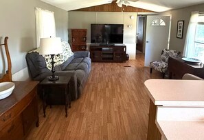 Ein Wohnzimmer mit Sofa, Fernseher, Lampe und einem Essbereich mit Tisch und Stühlen.