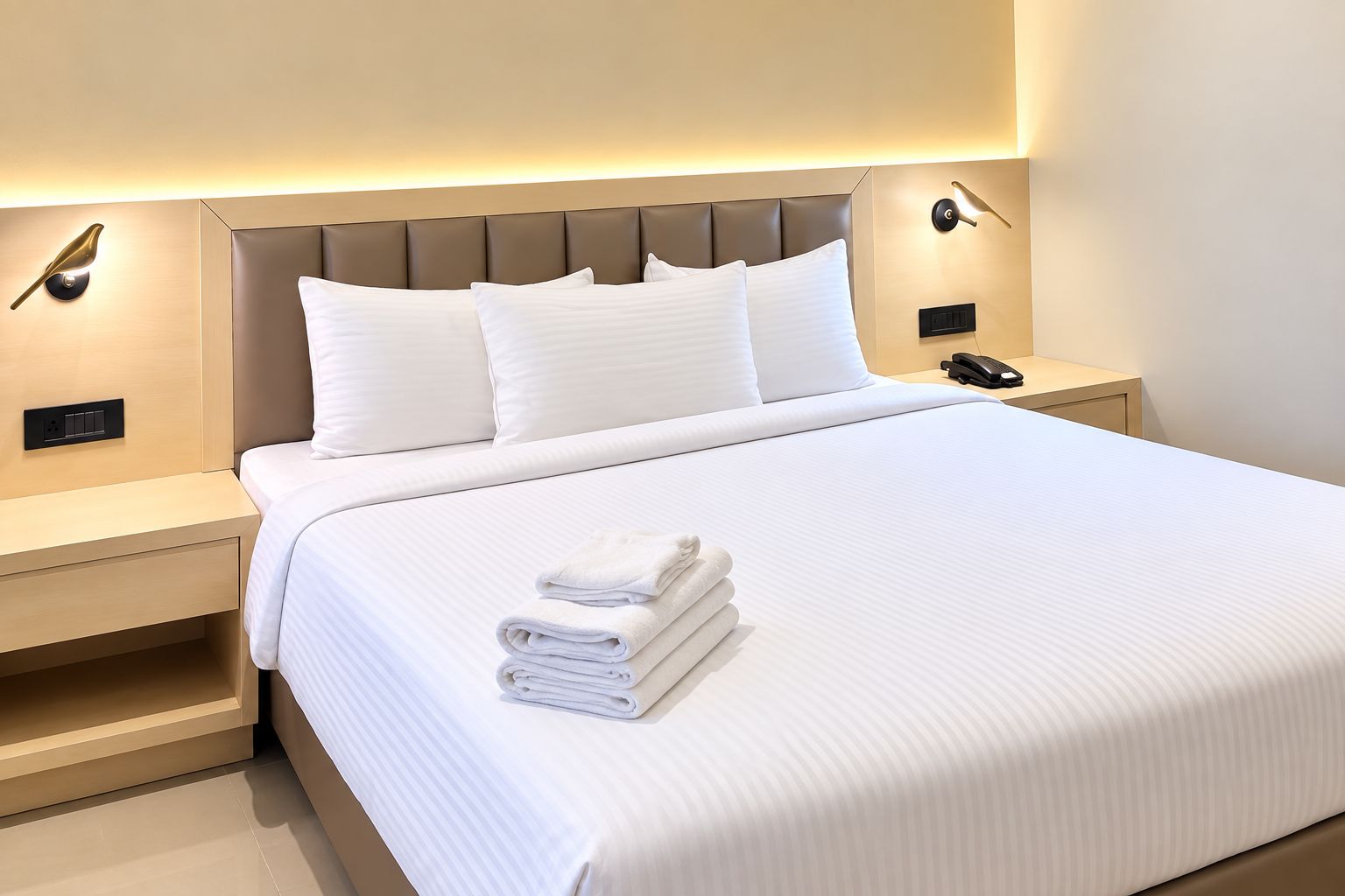 Una camera d'albergo con un letto grande, due comodini, una lampada a parete e un telefono.