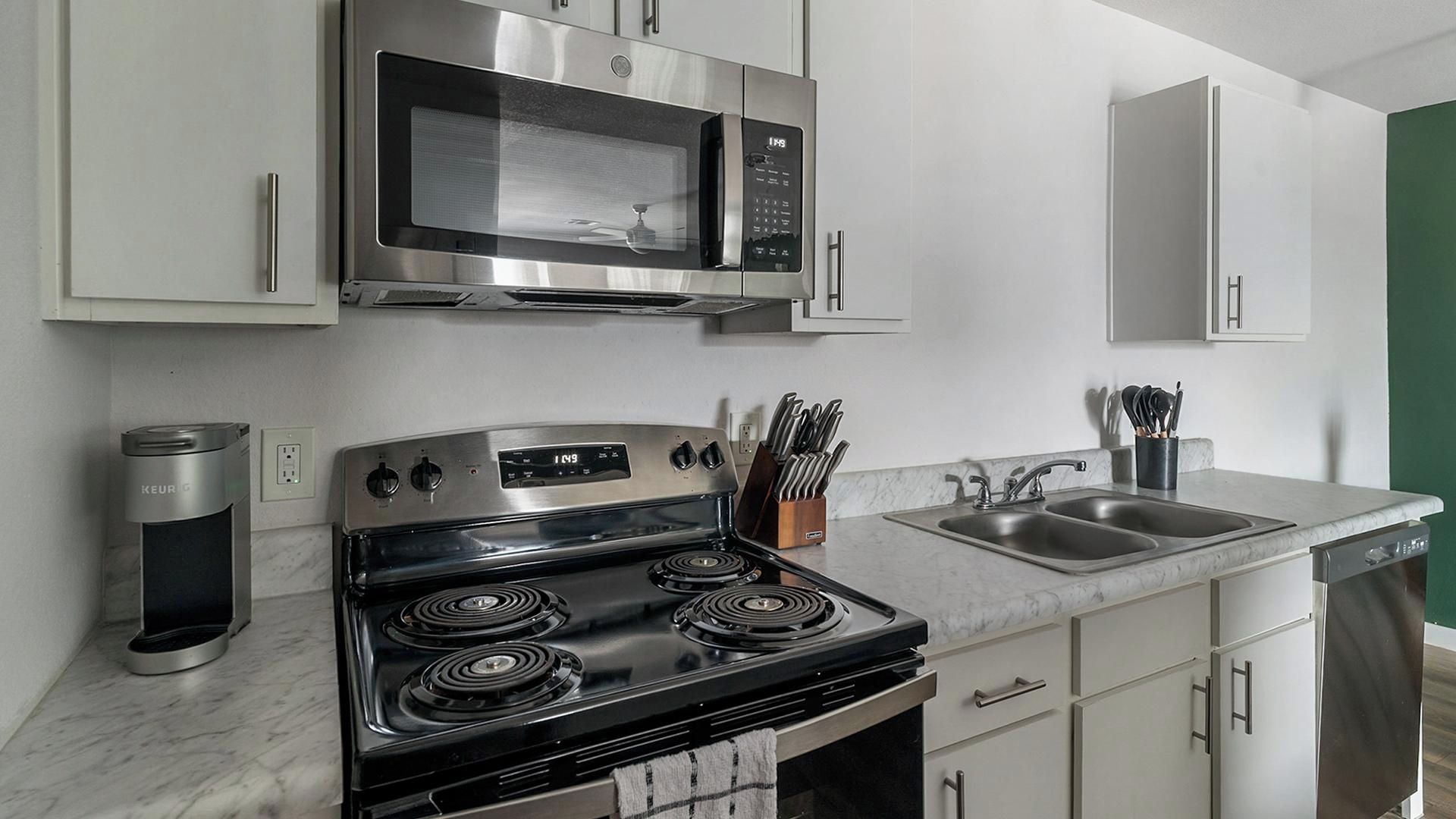 A modern kitchen with stainless steel appliances, a built-in microwave, a stovetop, and a double sink.