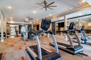 A gym with treadmills, exercise equipment, and a mirrored wall.