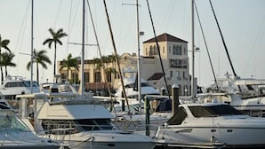 A marina with multiple yachts docked, a building labeled 'PIER 22 Restaurant' in the background, and palm trees. - King Studio · Rainfall Shower · Beach Gear (Bradenton)