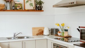 Una cocina moderna con un lavamanos doble, un tostador, un hervidor y una estufa.