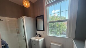 A bathroom with a glass shower enclosure, a sink with a mirror above it, and a toilet. - Historic 1 Bedroom Apartment in Marigny Neighborhood next to French Quarter (New Orleans)