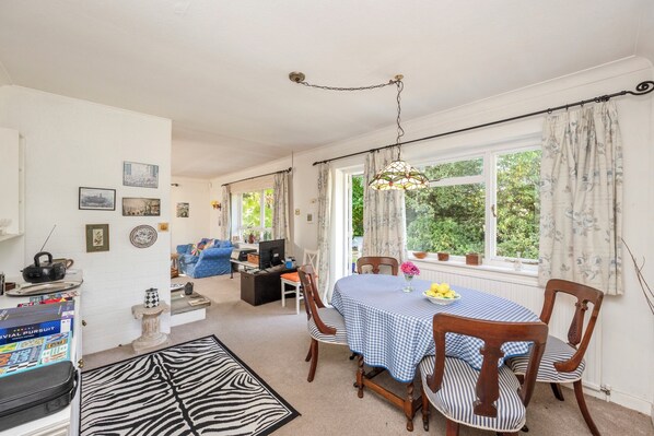 A dining area with a table set for two, a blue and white checkered tablecloth, and a zebra-patterned rug.