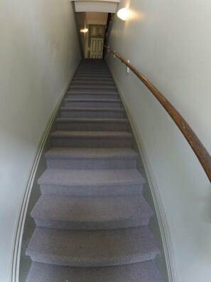 A carpeted staircase with a handrail, leading to a door at the top. - Historic Downtown Riverfront Apt, Freighter Views (Manistee)