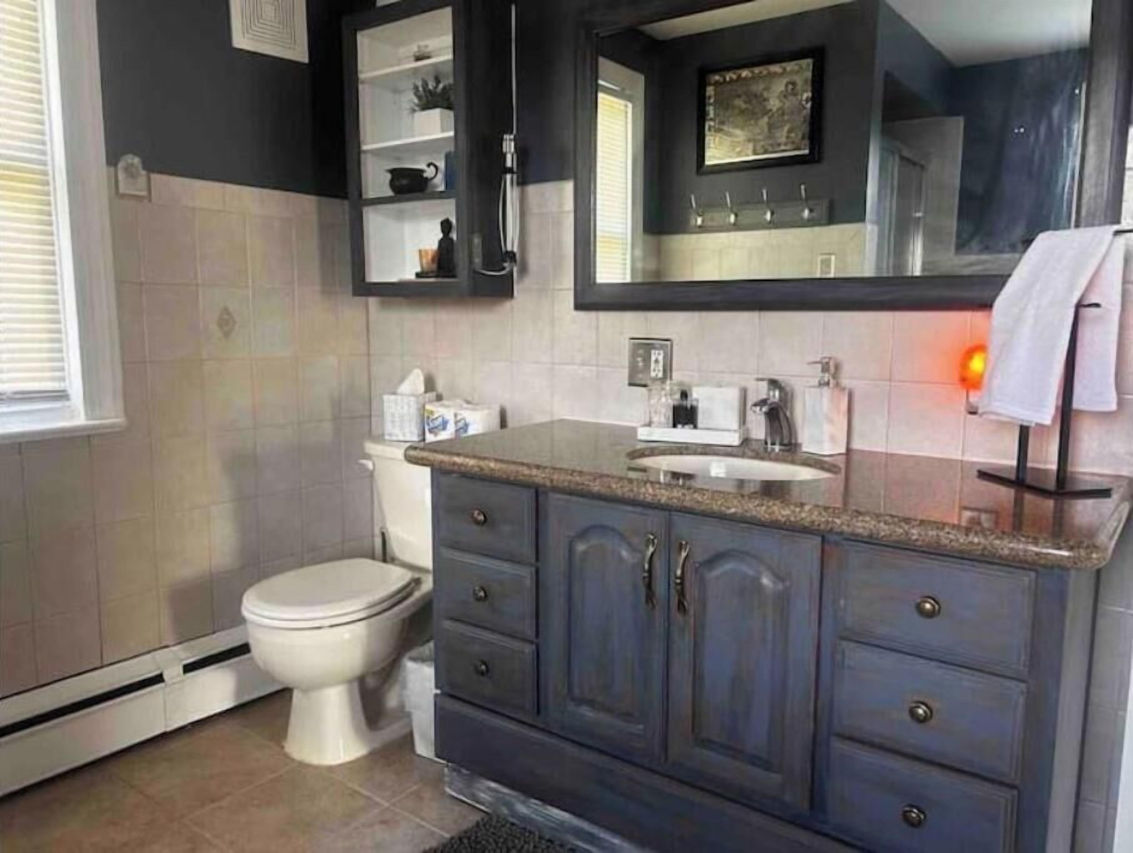 Hair dryer, towels, soap, toilet paper