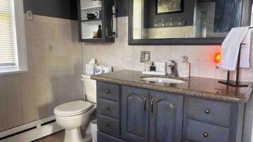 Hair dryer, towels, soap, toilet paper