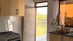 Eine moderne Küche mit Holzschränken, einem Gasherd und Blick auf Grünflächen.