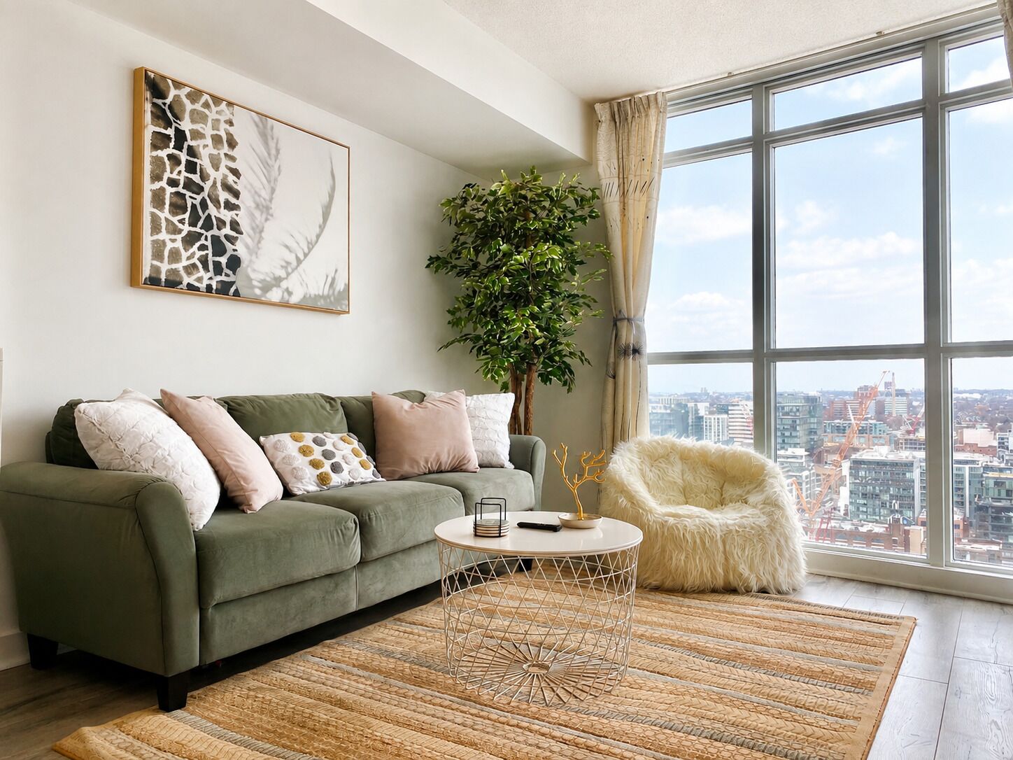 Una sala moderna con un sofá verde, un sillón blanco, un ventanal con vistas a la ciudad, una planta y una obra de arte enmarcada.