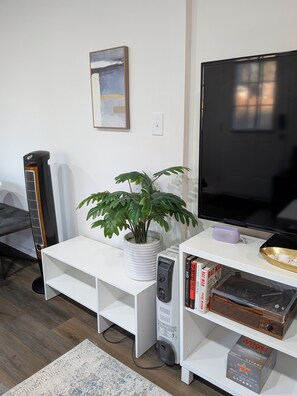 A living room with a white entertainment unit, a potted plant, a standing heater, a flat-screen TV, and a bookshelf with books and decorative items.